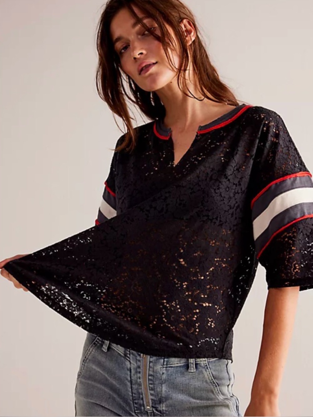 We The Free Black Lace Short-Sleeve V-Neck Jersey Top with Stripe Detail